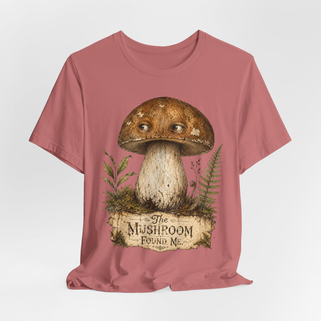 The Mushroom Found Me Tee in Pink - porcini bolete illustration forager humor shirt, Barely Outdoorsy