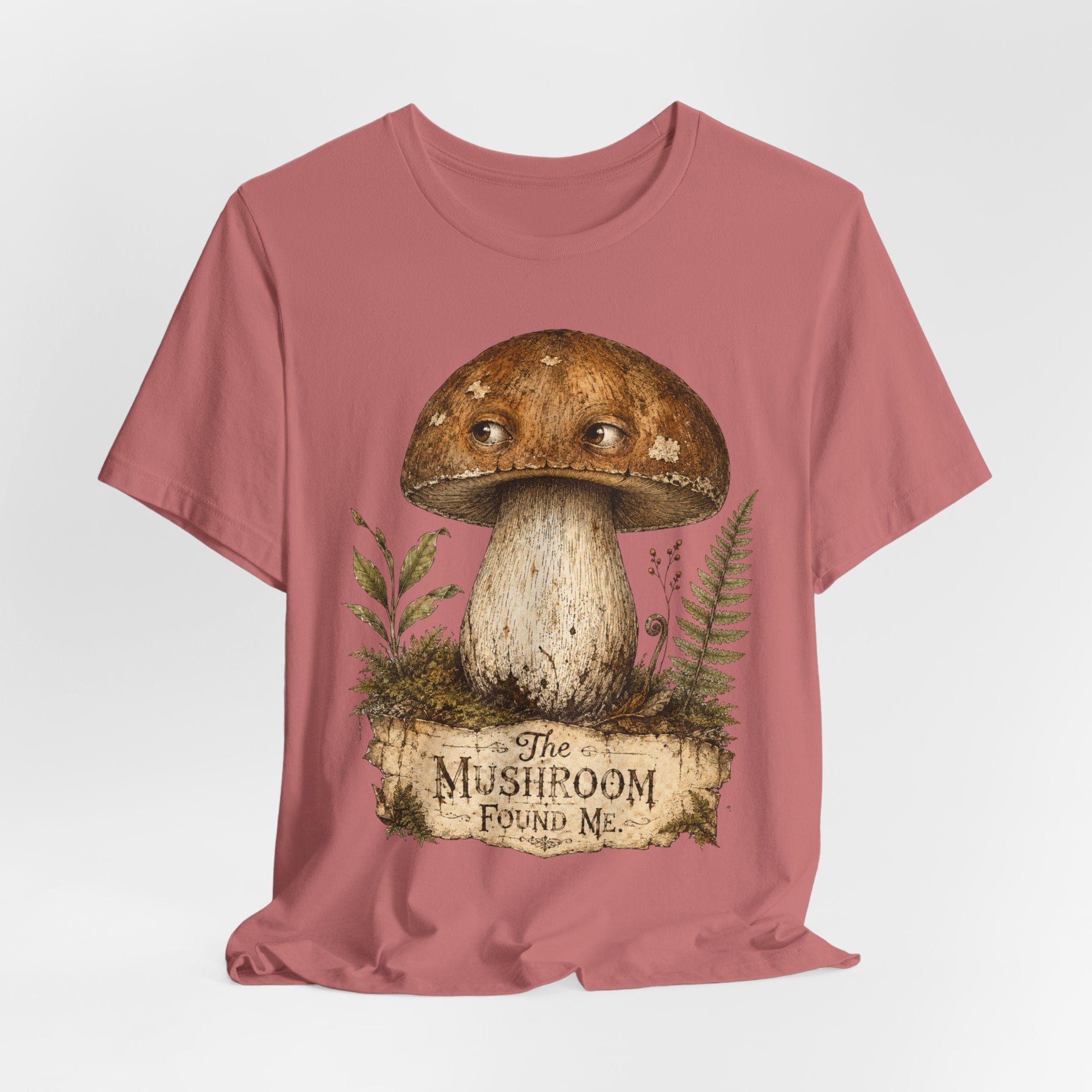 The Mushroom Found Me Tee in Pink - porcini bolete illustration forager humor shirt, Barely Outdoorsy