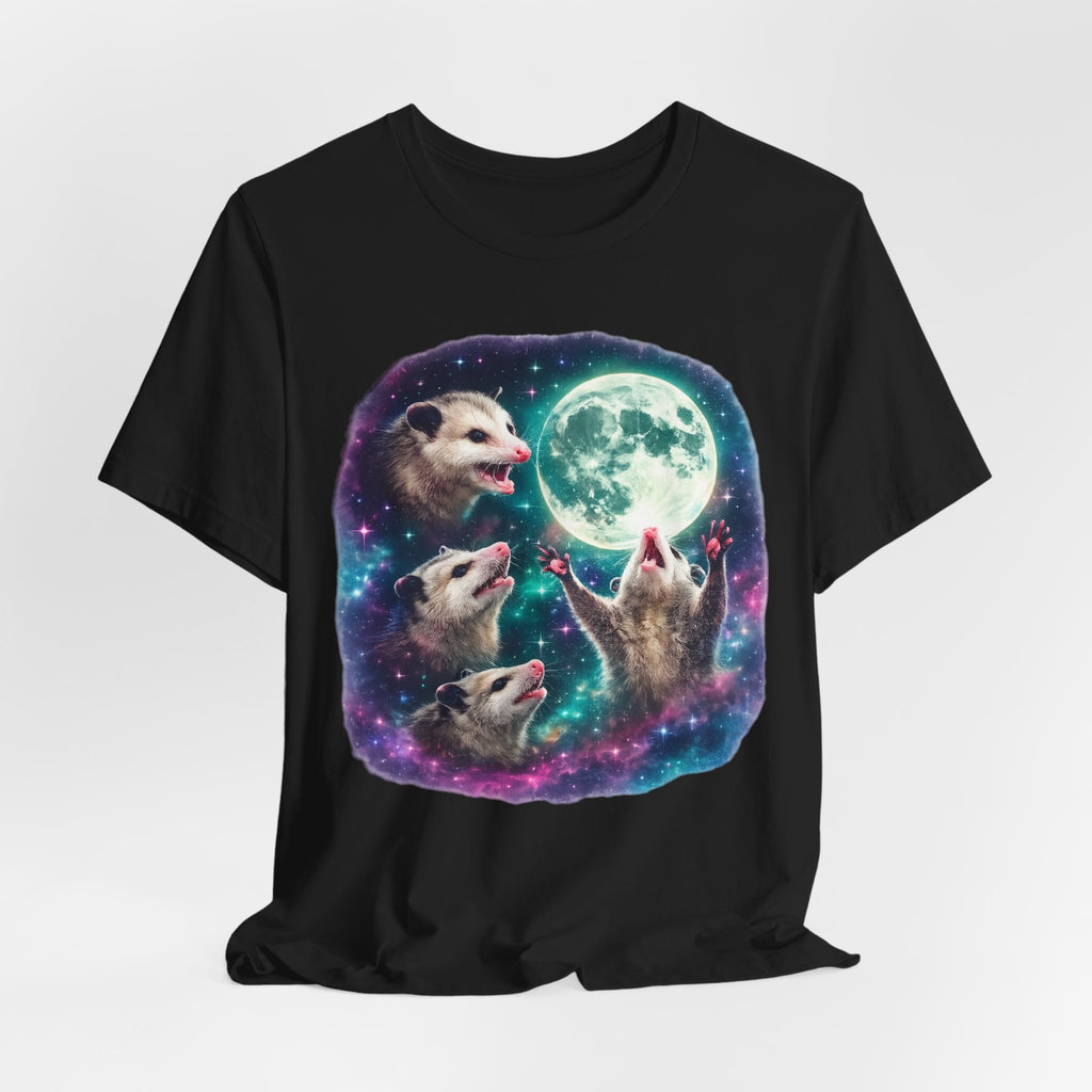 Three Opossum Moon T-Shirt in Black - funny Three Wolf Moon parody howling opossum graphic tee, Barely Outdoorsy Bella Canvas 3001