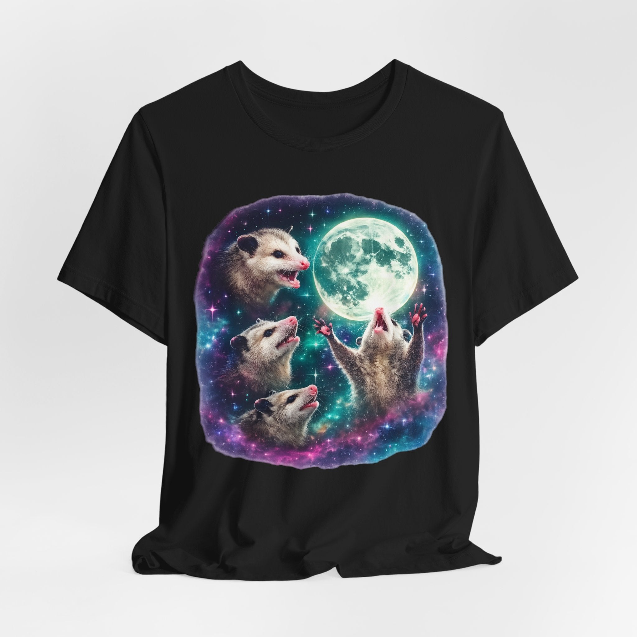 Three Opossum Moon T-Shirt in Black - funny Three Wolf Moon parody howling opossum graphic tee, Barely Outdoorsy Bella Canvas 3001