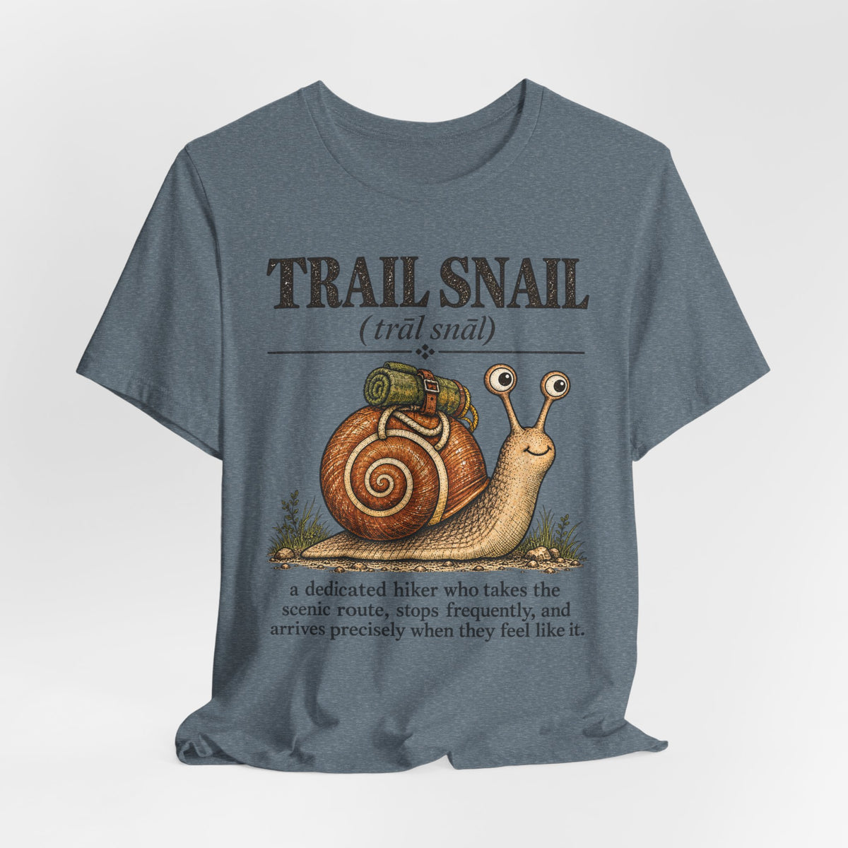 Trail Snail T-Shirt in Heather Stone - funny trail snail graphic tee, Barely Outdoorsy Bella Canvas