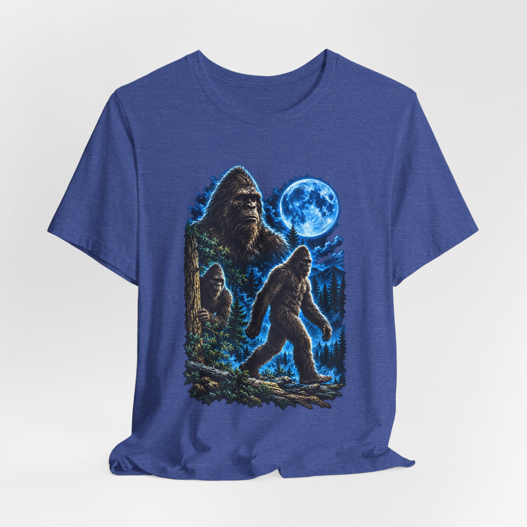 Bigfoot Family Blue Moon Forest T-Shirt in Heather Peach - funny Sasquatch family graphic tee, Barely Outdoorsy