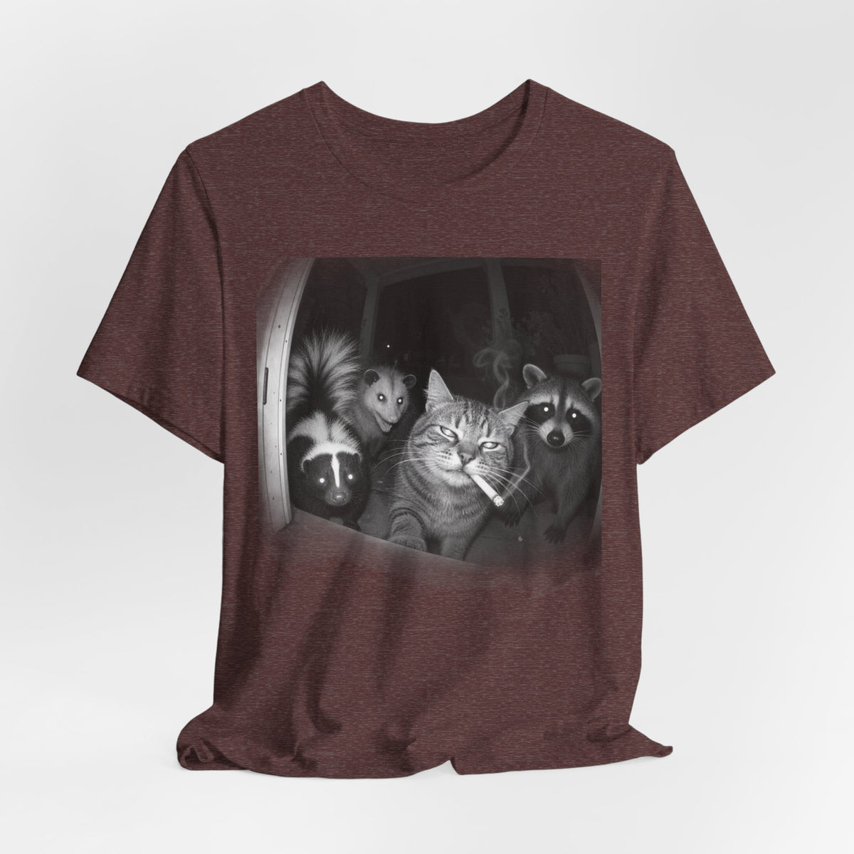 Midnight Trash Crew T-Shirt in Heather Autumn - funny goblincore raccoon opossum midnight crew graphic tee, Barely Outdoorsy