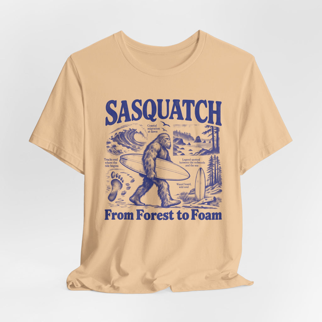 Sasquatch From Forest to Foam Tee in Heather Red - funny Bigfoot surf origin shirt, Barely Outdoorsy