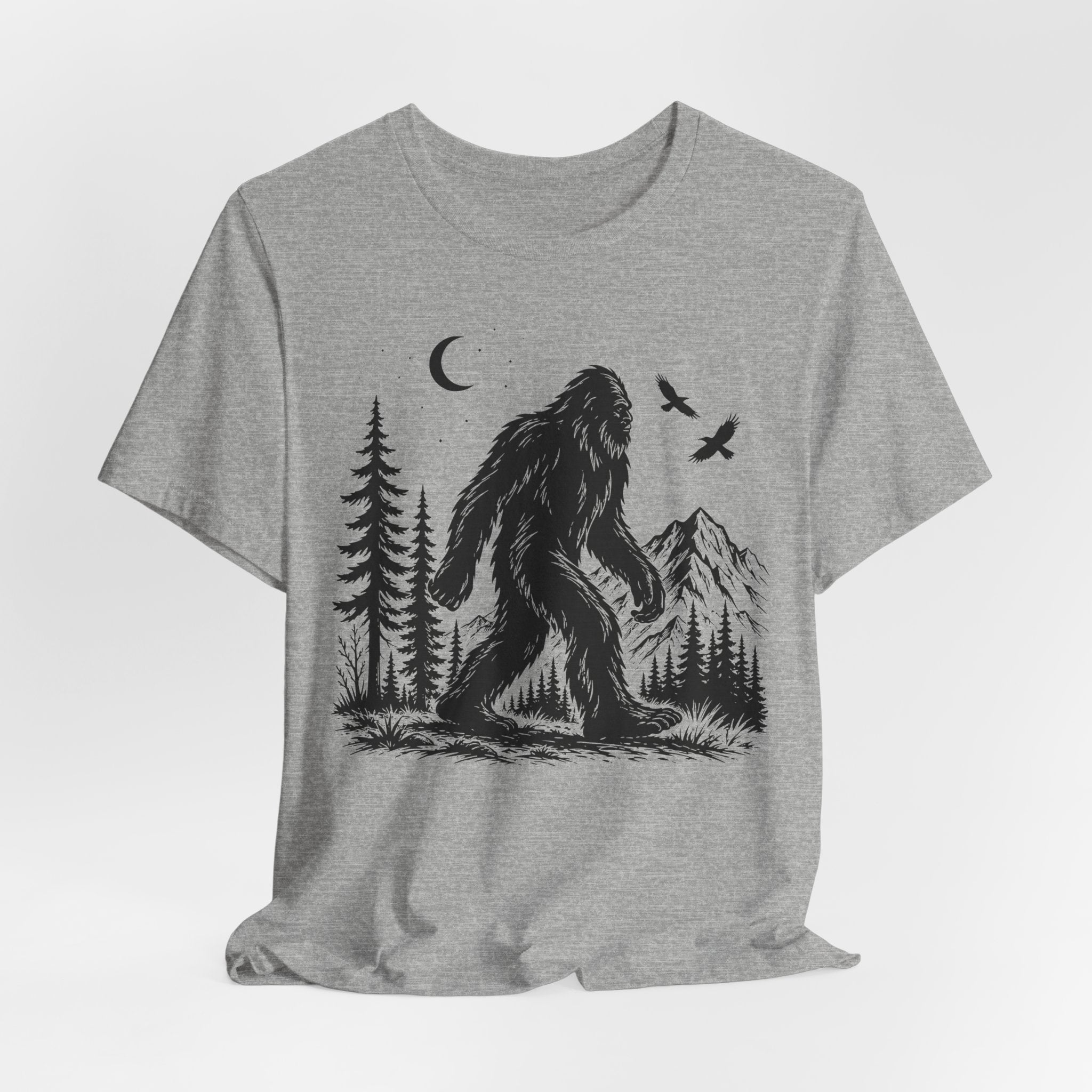 Bigfoot Night Forest Mountain Tee in Heather Peach - painterly Bigfoot night forest shirt, Barely Outdoorsy Bella Canvas 3001