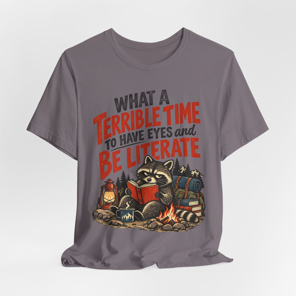 Terrible Time to Be Literate Camping Raccoon T-Shirt detail Heather Prism Mint - raccoon camping literate close-up graphic, Barely Outdoorsy