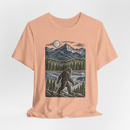Bigfoot Mountain River Tee in Heather True Royal - Sasquatch mountain river fishing shirt, Barely Outdoorsy