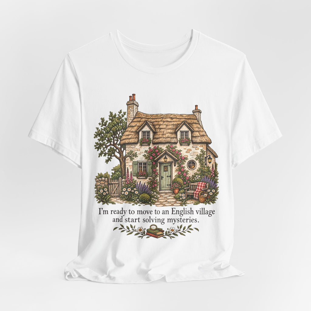 English Village Mysteries Funny Cozy T-Shirt in Dark Grey Heather - cottagecore English village mystery humor graphic tee, Barely Outdoorsy Bella Canvas 3001