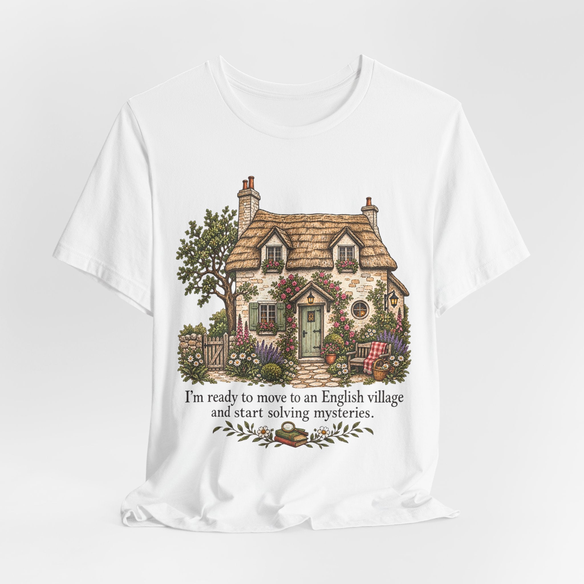 English Village Mysteries Funny Cozy T-Shirt in Dark Grey Heather - cottagecore English village mystery humor graphic tee, Barely Outdoorsy Bella Canvas 3001
