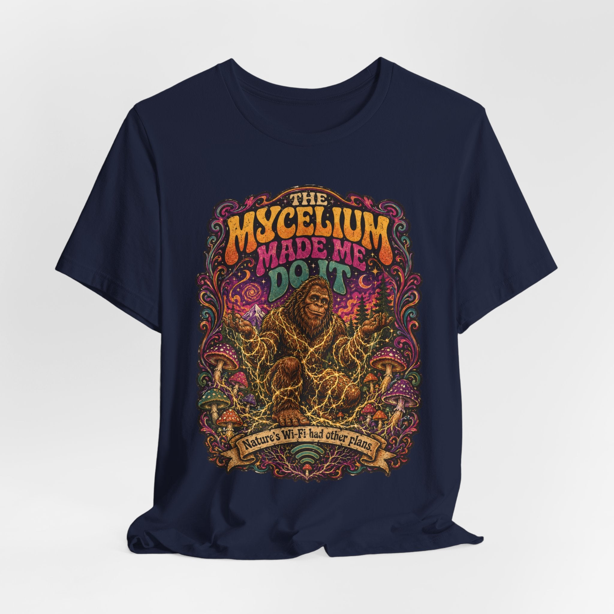 Mycelium Made Me Do It T-Shirt in Navy - funny Sasquatch mycelium graphic tee, Barely Outdoorsy