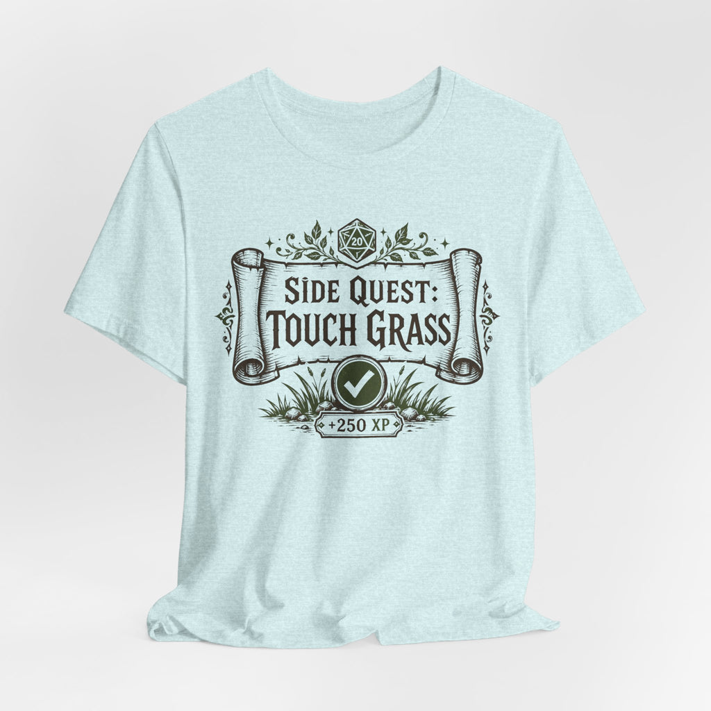 Side Quest Touch Grass Tee in White detail - fantasy RPG scroll quest card close-up D20 checkmark graphic