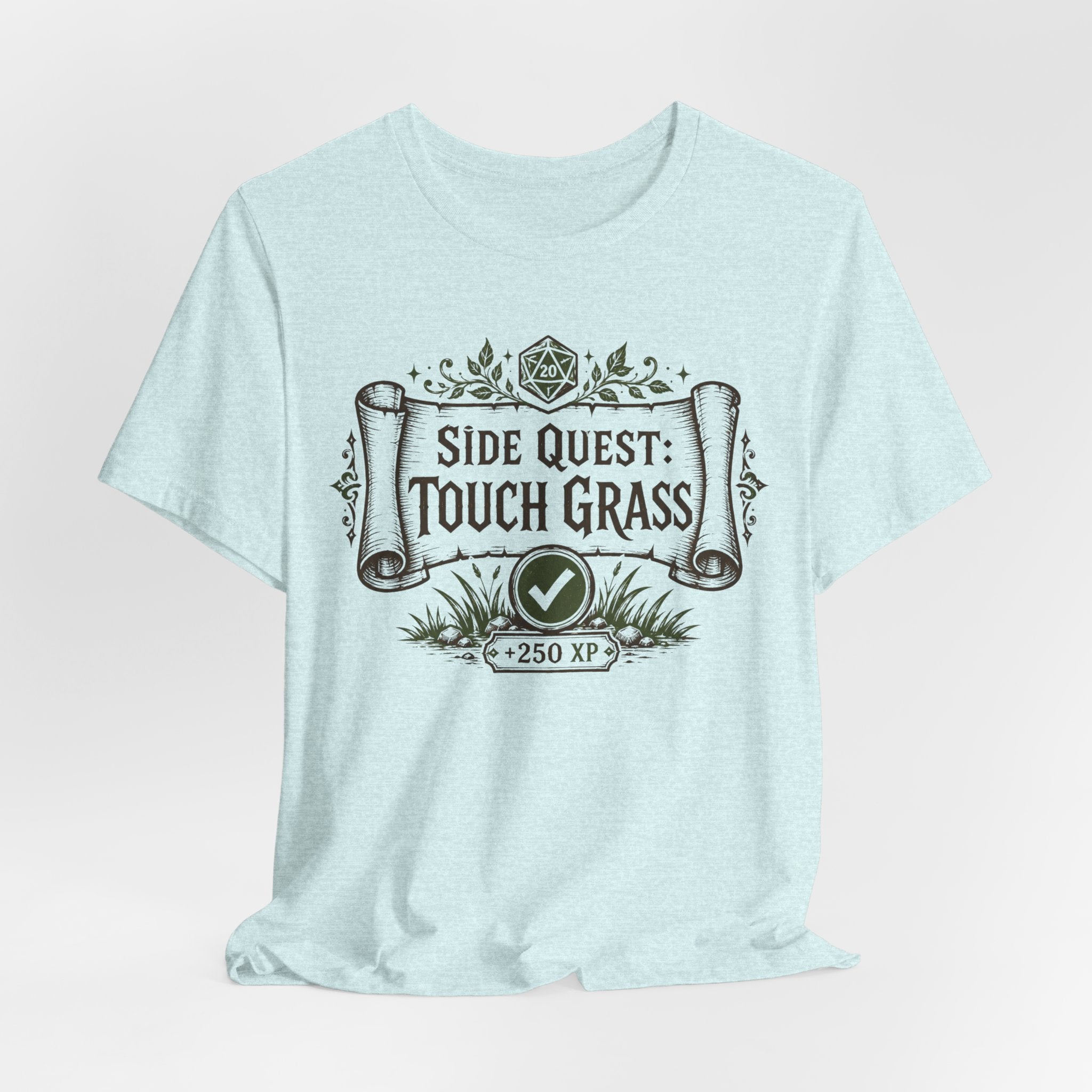 Side Quest Touch Grass Tee in White detail - fantasy RPG scroll quest card close-up D20 checkmark graphic