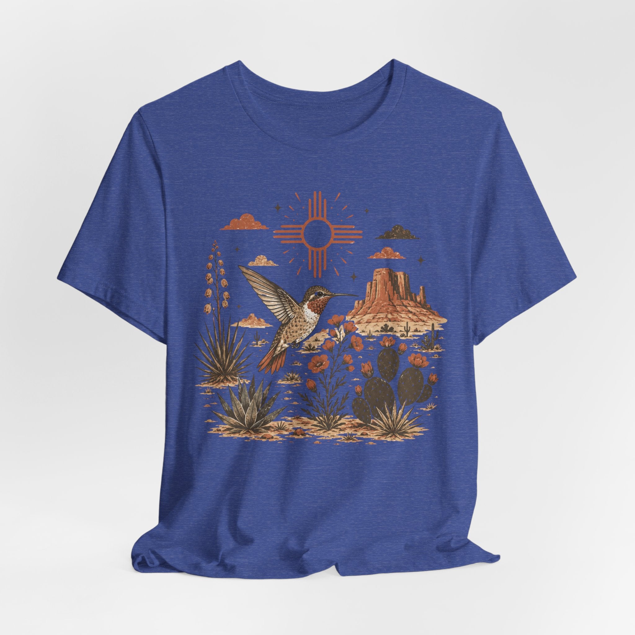 Desert Hummingbird Botanical Tee in Heather Ice Blue - Southwest hummingbird botanical graphic shirt, Barely Outdoorsy Bella Canvas