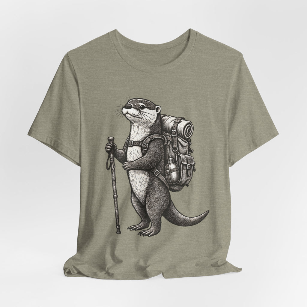 Otter Backpacker T-Shirt in Heather Deep Teal - funny otter backpacking hiking graphic tee, Barely Outdoorsy Bella Canvas 3001