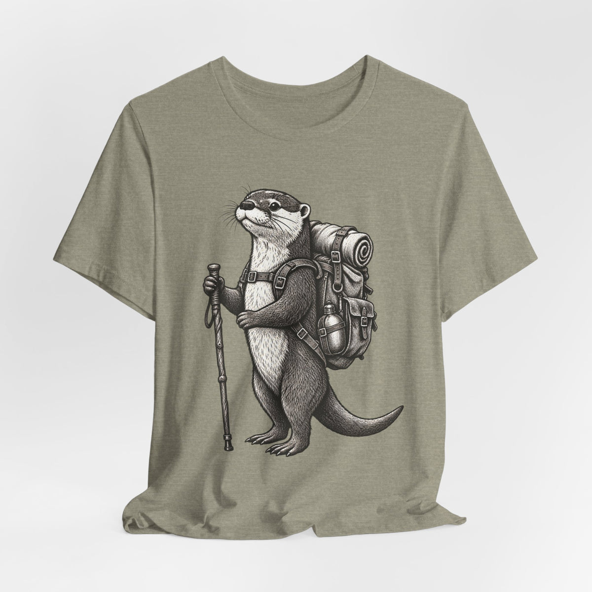 Otter Backpacker T-Shirt in Heather Deep Teal - funny otter backpacking hiking graphic tee, Barely Outdoorsy Bella Canvas 3001