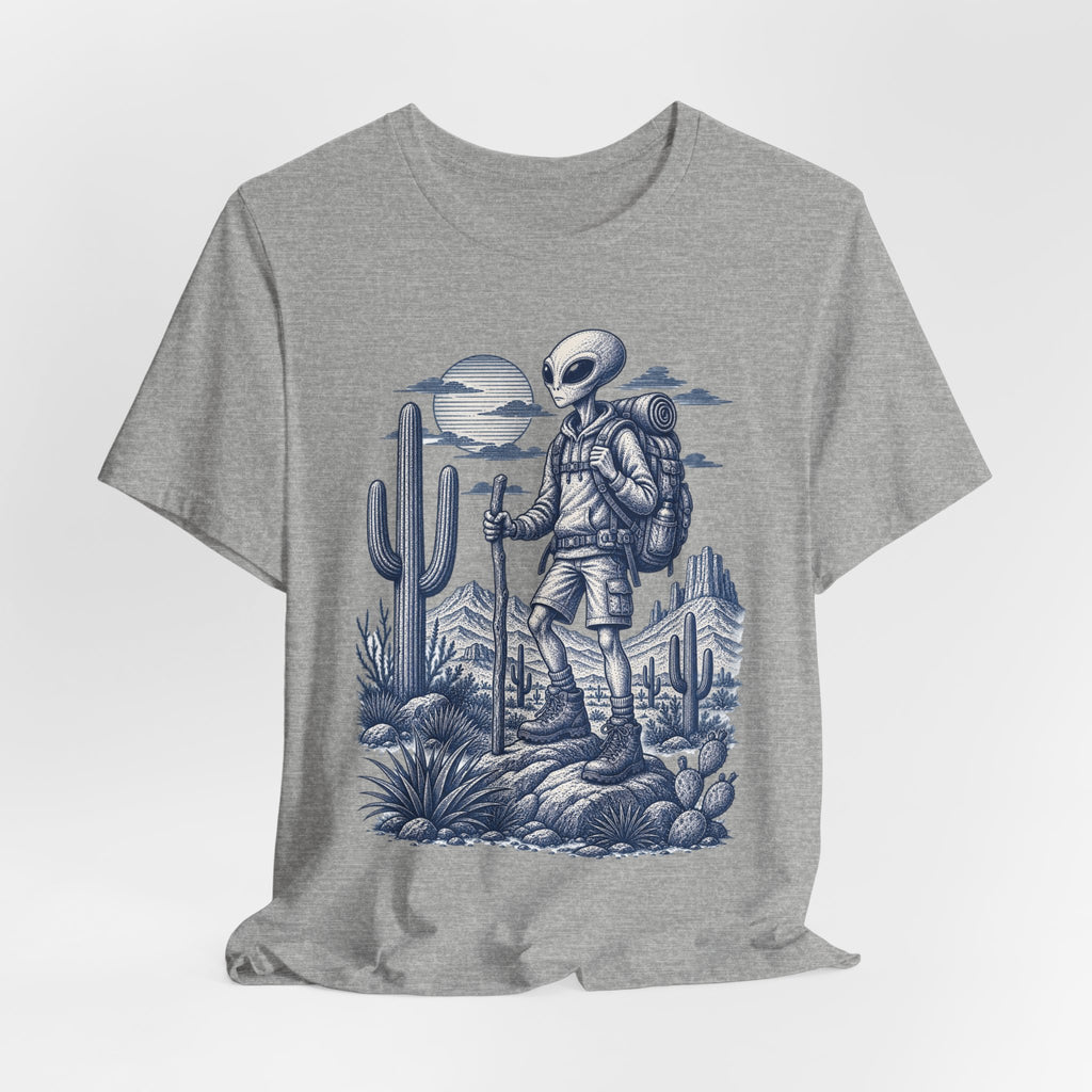 Alien Hiker Desert Backpacking T-Shirt in White - funny alien hiker backpacking graphic tee, Barely Outdoorsy Bella Canvas