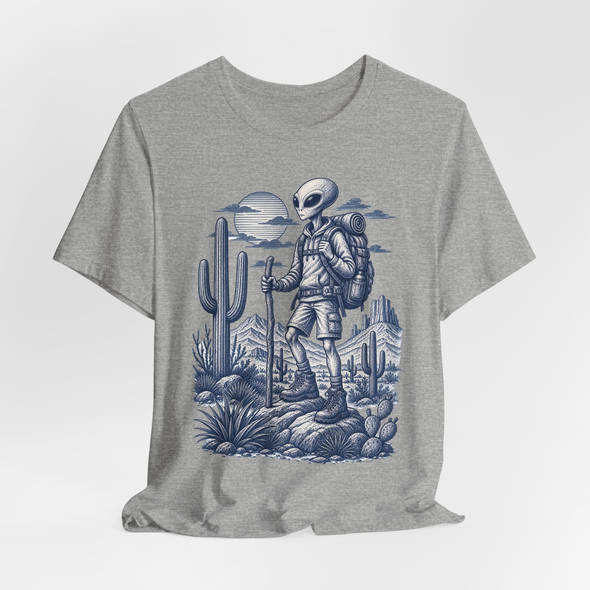Alien Hiker Desert Backpacking T-Shirt in White - funny alien hiker backpacking graphic tee, Barely Outdoorsy Bella Canvas