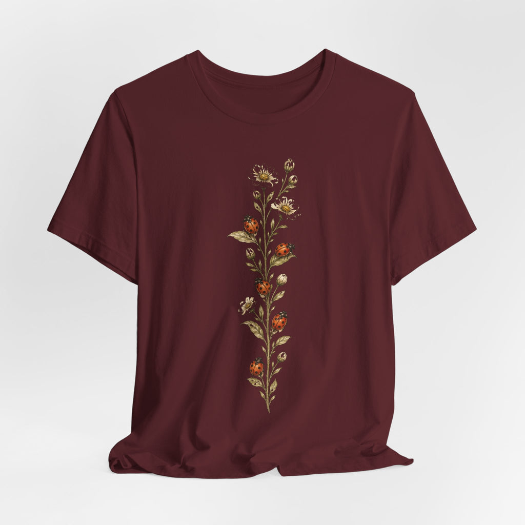 Ladybug Daisy Vine Botanical Tee in Heather Prism Lilac - vintage ladybug daisy vine botanical shirt, Barely Outdoorsy Bella Canvas 3001