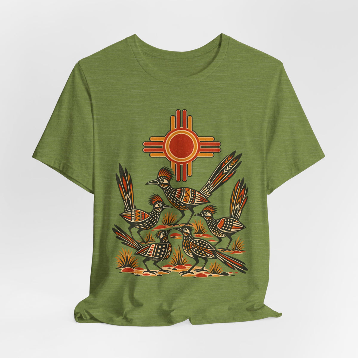 New Mexico Roadrunner Sun T-Shirt in Heather Dusty Blue - Southwest New Mexico roadrunner sun graphic tee, Barely Outdoorsy