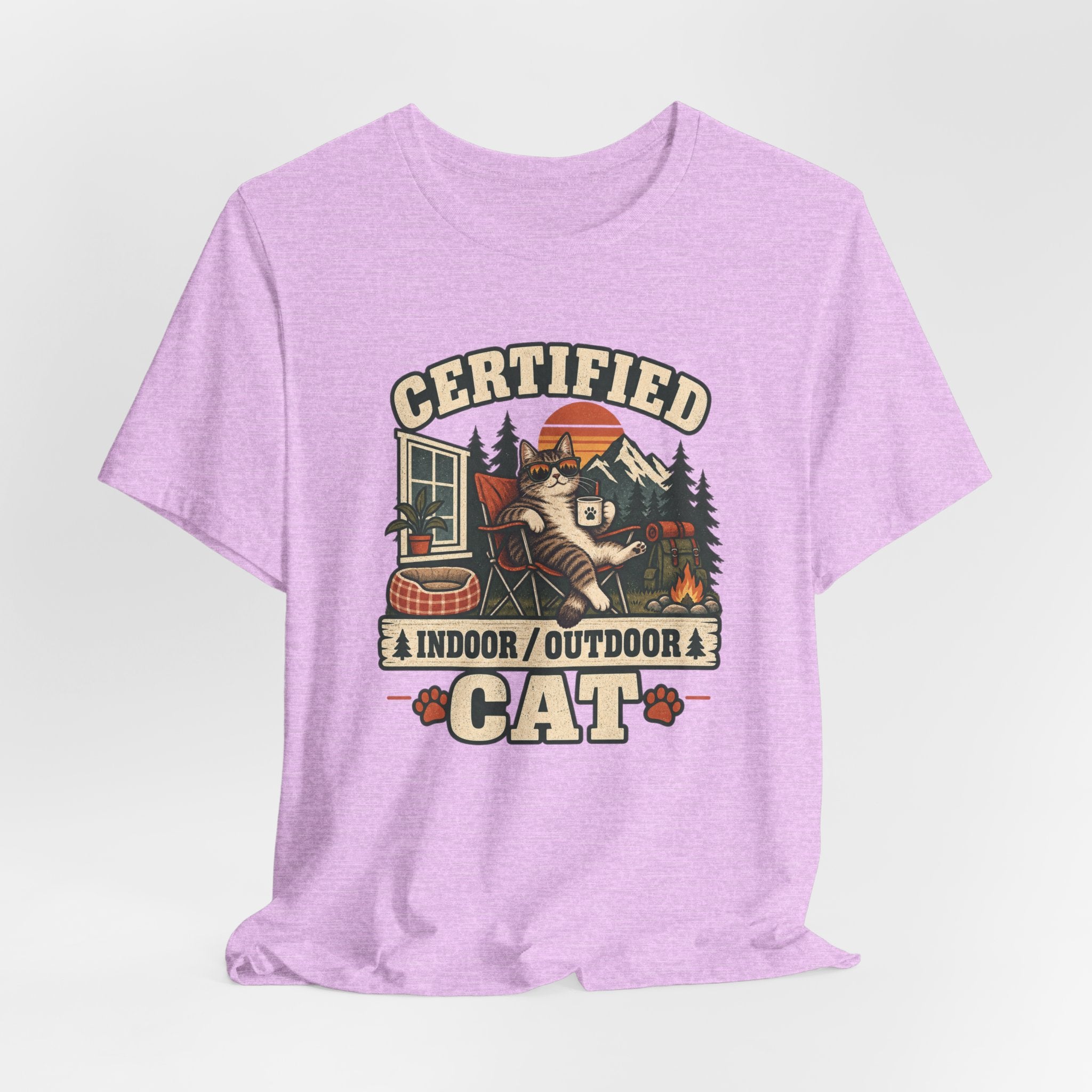 Certified Indoor Outdoor Cat T-Shirt in Heather True Royal detail - funny cat certified outdoor close-up graphic