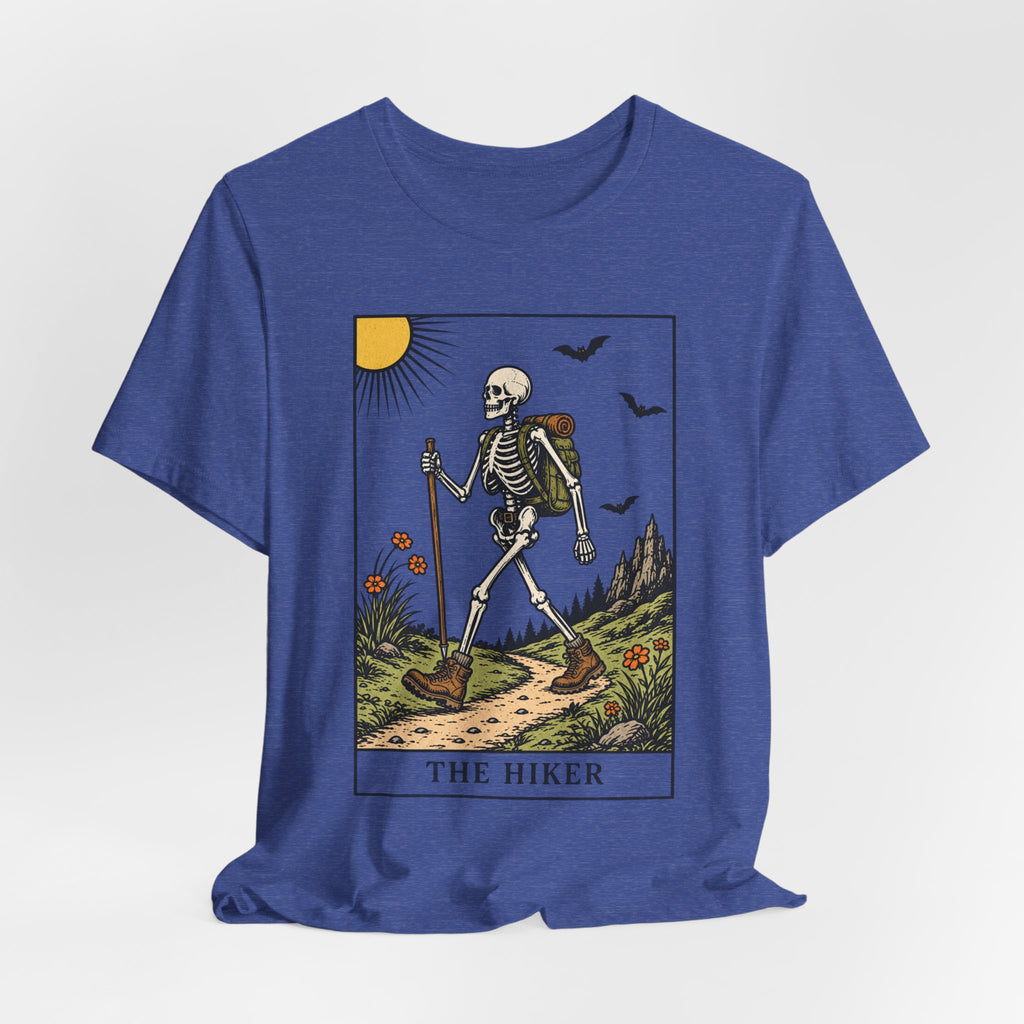 The Hiker Tarot Card T-Shirt in Heather Peach - funny tarot skeleton hiking graphic tee, Barely Outdoorsy