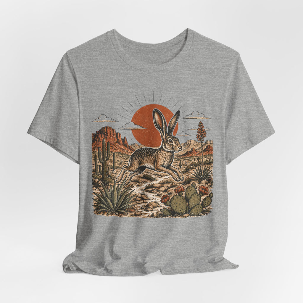 Desert Jackrabbit Sunset Tee in White - jackrabbit silhouette Southwest sunset shirt, Barely Outdoorsy Bella Canvas 3001