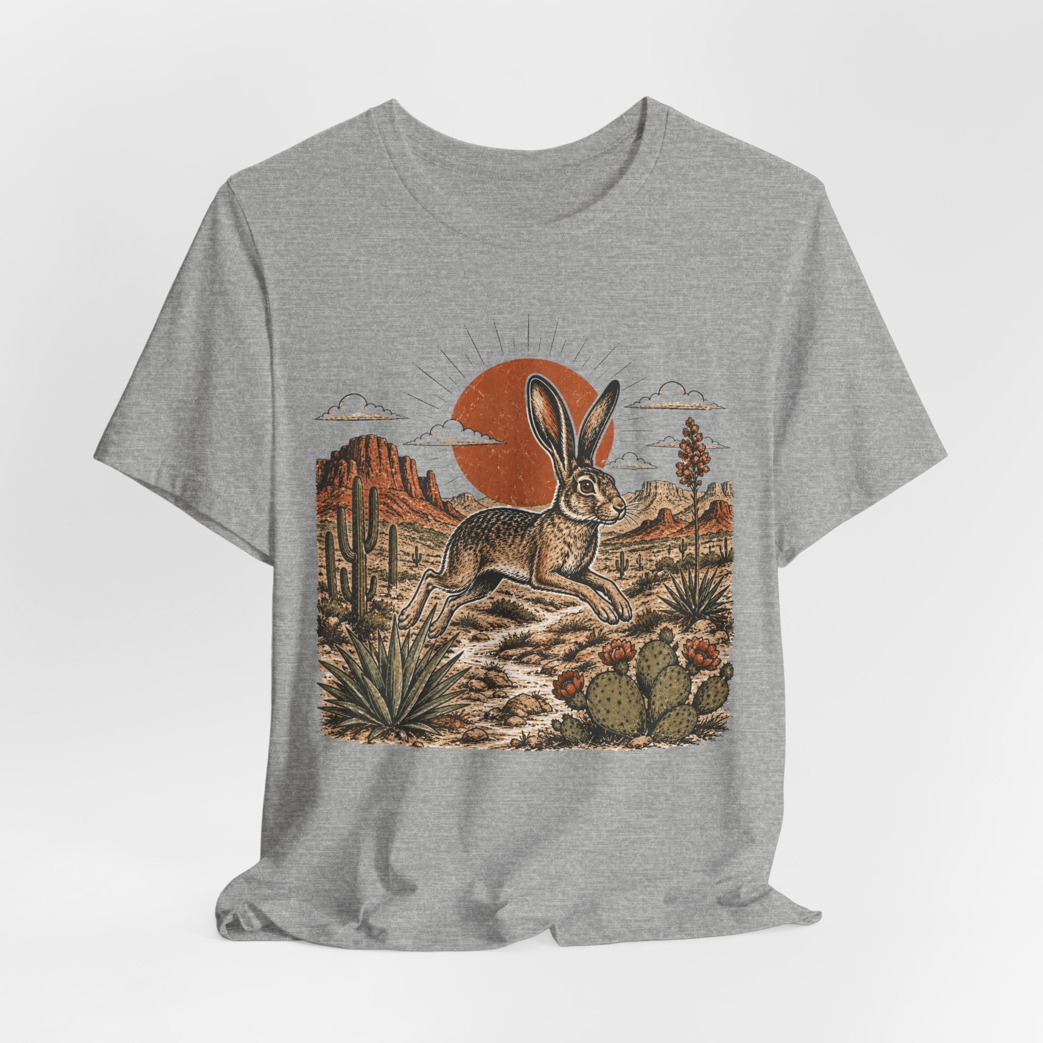 Desert Jackrabbit Sunset Tee in White - jackrabbit silhouette Southwest sunset shirt, Barely Outdoorsy Bella Canvas 3001
