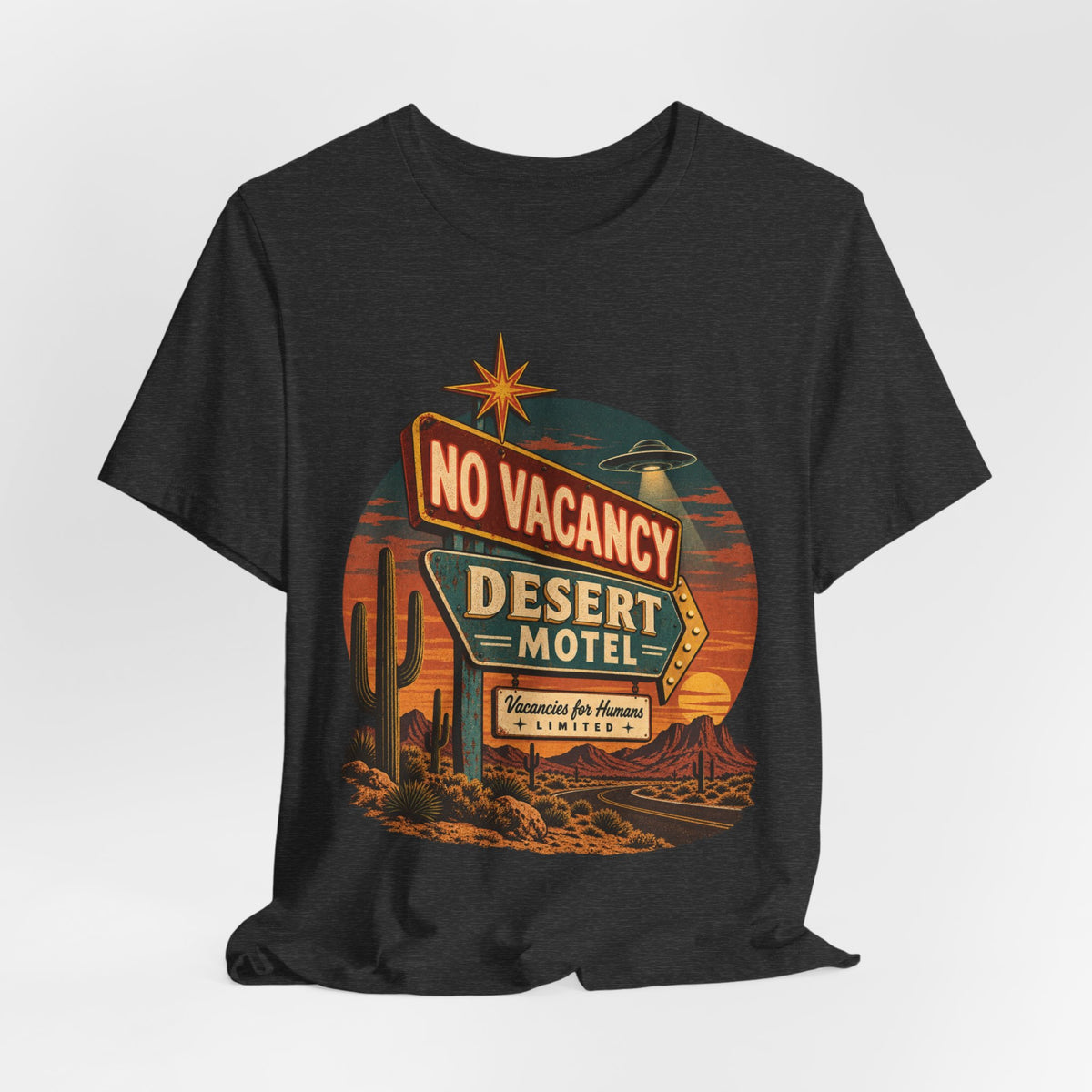 Desert Motel No Vacancy UFO T-Shirt in Black - retro desert motel UFO no vacancy graphic tee, Barely Outdoorsy Bella Canvas 3001