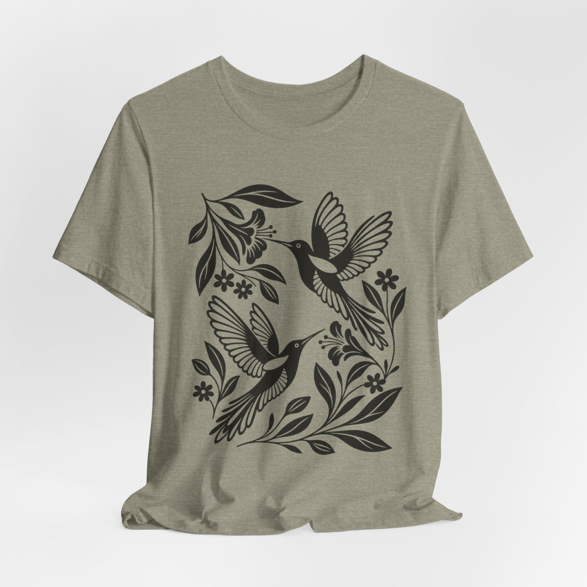Hummingbird Minimalist Folk Art T-Shirt in Heather Green - minimalist folk art hummingbird birding graphic tee, Barely Outdoorsy