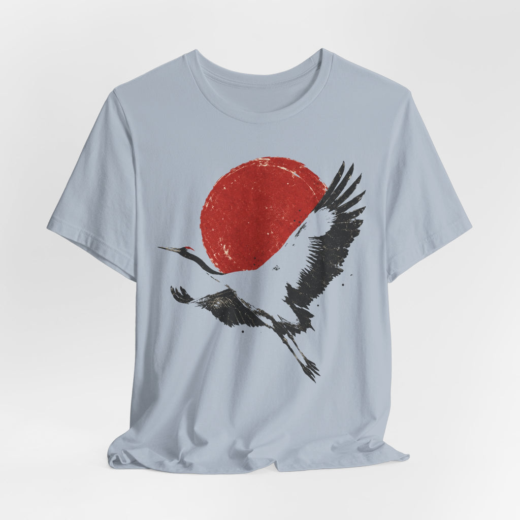 Red Crowned Crane Sumi-e T-Shirt flat lay Light Blue - unisex crew neck crane sumi-e graphic tee, Barely Outdoorsy