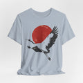 Red Crowned Crane Sumi-e T-Shirt flat lay Light Blue - unisex crew neck crane sumi-e graphic tee, Barely Outdoorsy