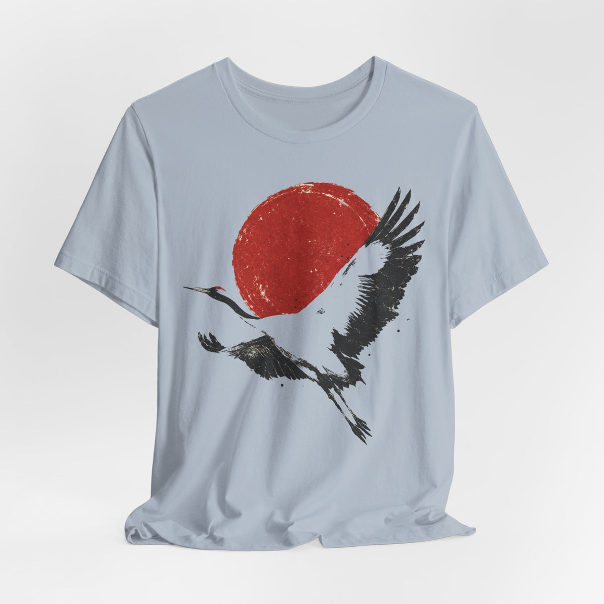 Red Crowned Crane Sumi-e T-Shirt flat lay Light Blue - unisex crew neck crane sumi-e graphic tee, Barely Outdoorsy