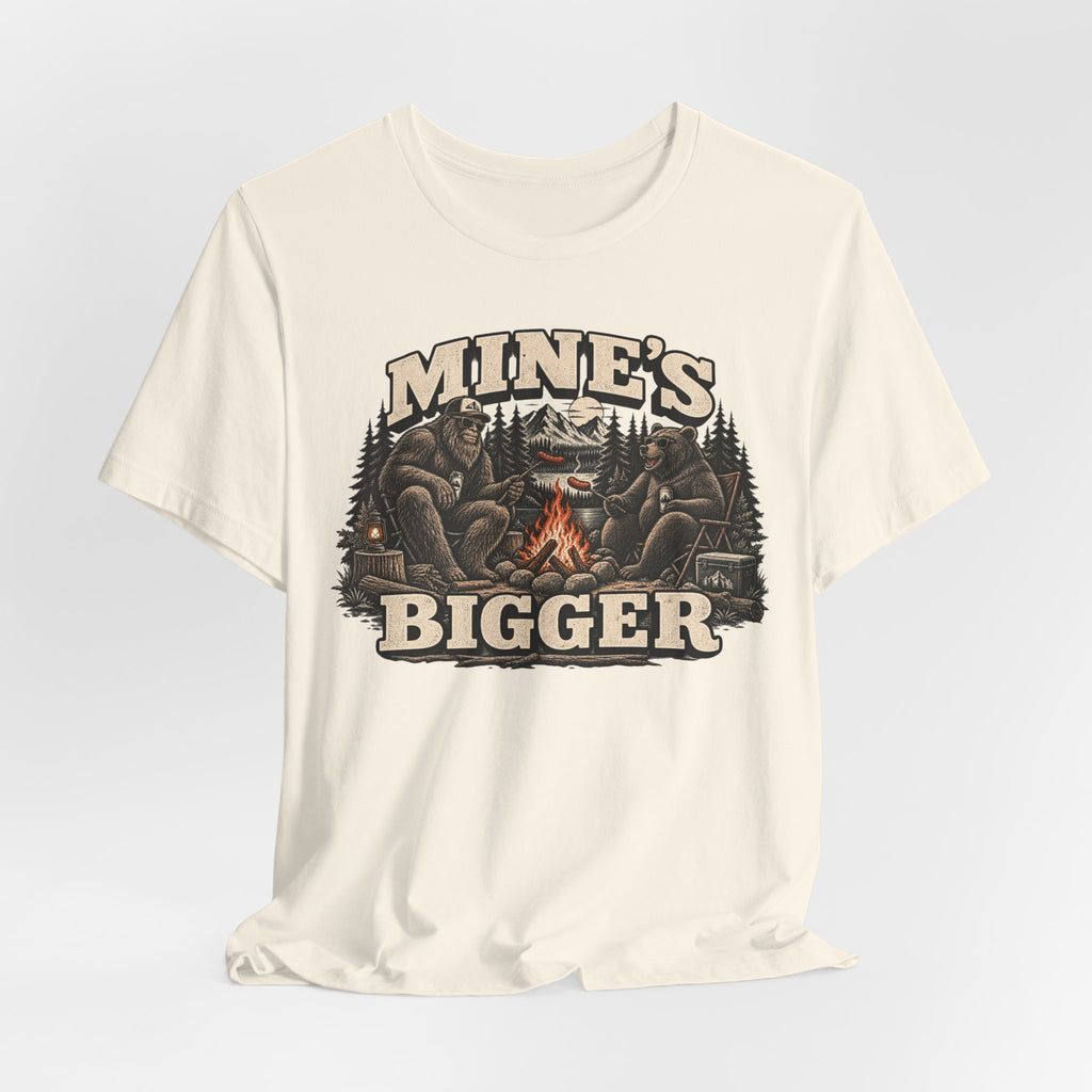 Mine's Bigger Bigfoot Tee in Navy - funny Sasquatch campfire humor shirt, Barely Outdoorsy Bella Canvas 3001