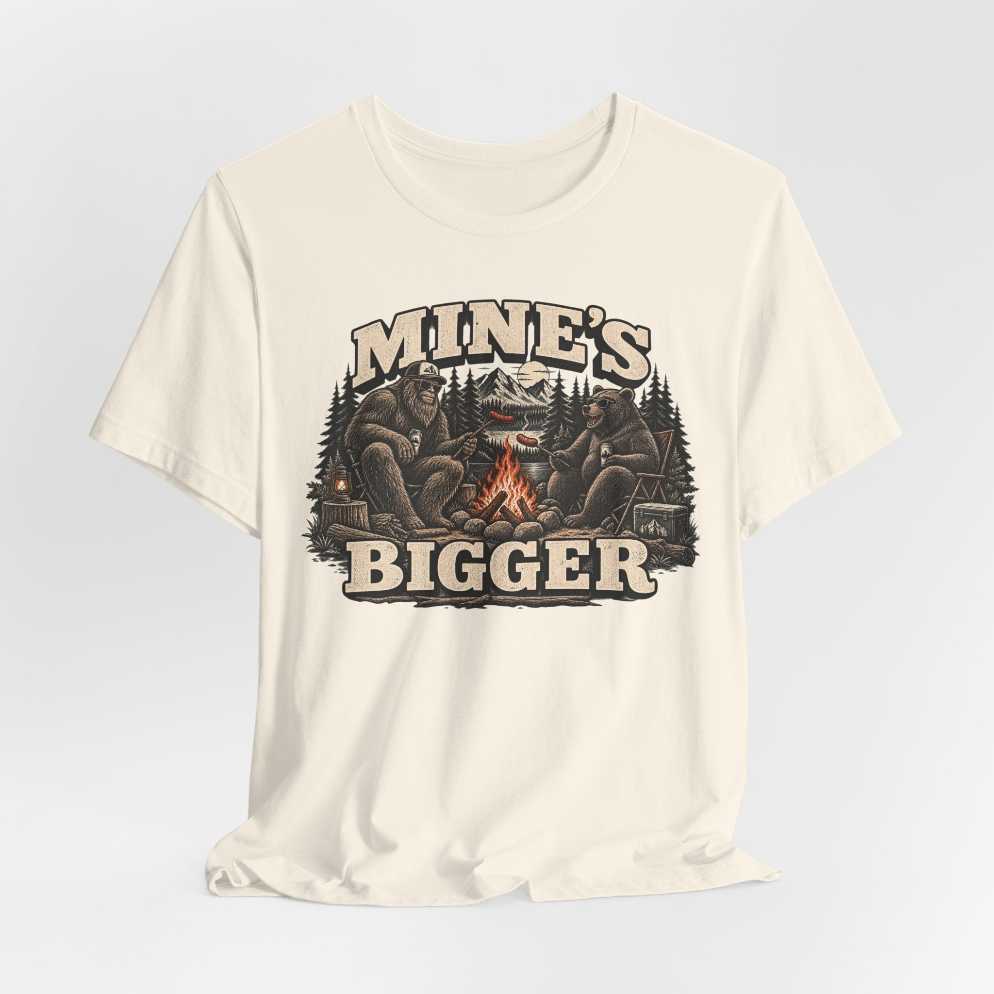 Mine's Bigger Bigfoot Tee in Navy - funny Sasquatch campfire humor shirt, Barely Outdoorsy Bella Canvas 3001