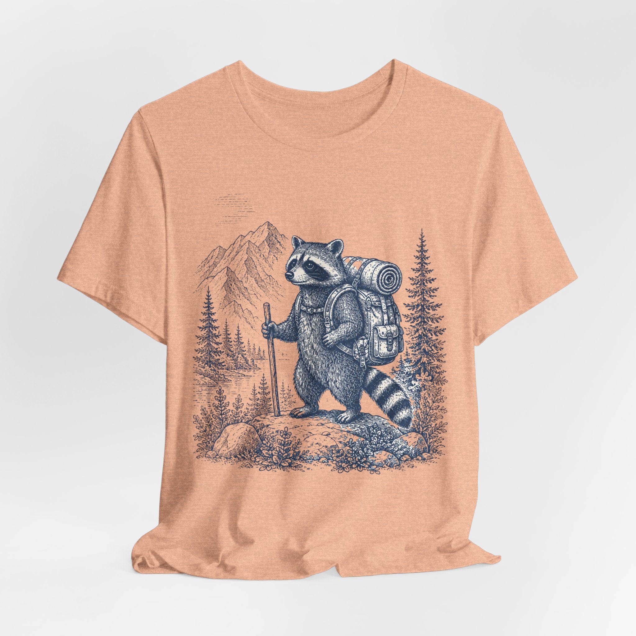 Backpacking Raccoon Hiking Tee in Heather Peach - funny raccoon backpacking shirt, Barely Outdoorsy Bella Canvas 3001