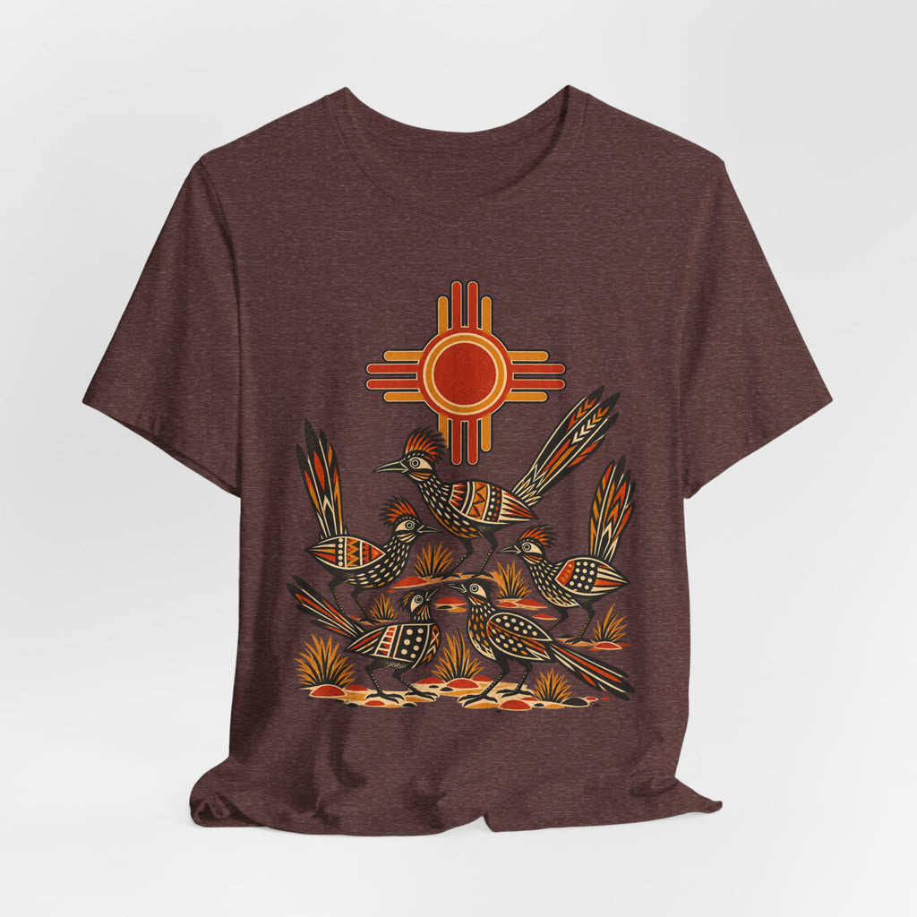New Mexico Roadrunner Sun T-Shirt in Heather Autumn - Southwest New Mexico roadrunner sun graphic tee, Barely Outdoorsy