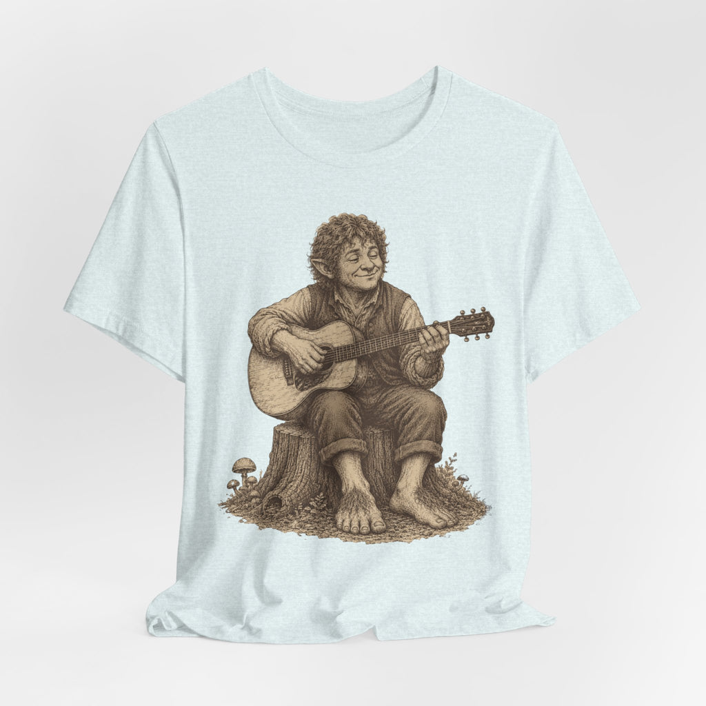 Halfling Guitar T-Shirt in Heather Ice Blue - vintage halfling bard mushroom guitar graphic tee, Barely Outdoorsy