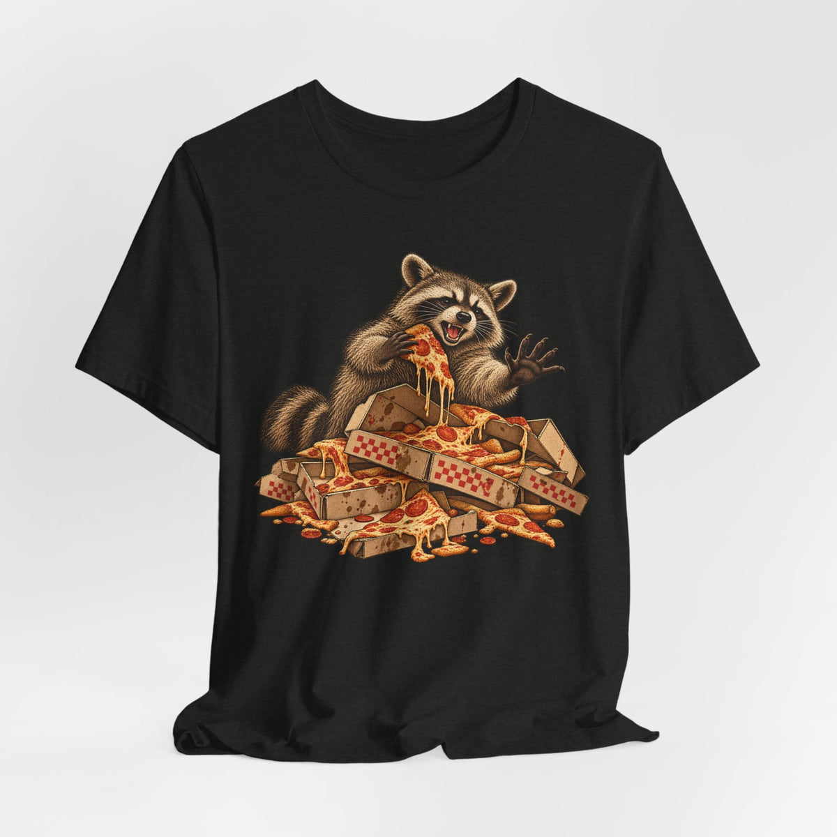 Feral Pizza Raccoon T-Shirt in White - funny goblincore feral pizza raccoon humor graphic tee, Barely Outdoorsy