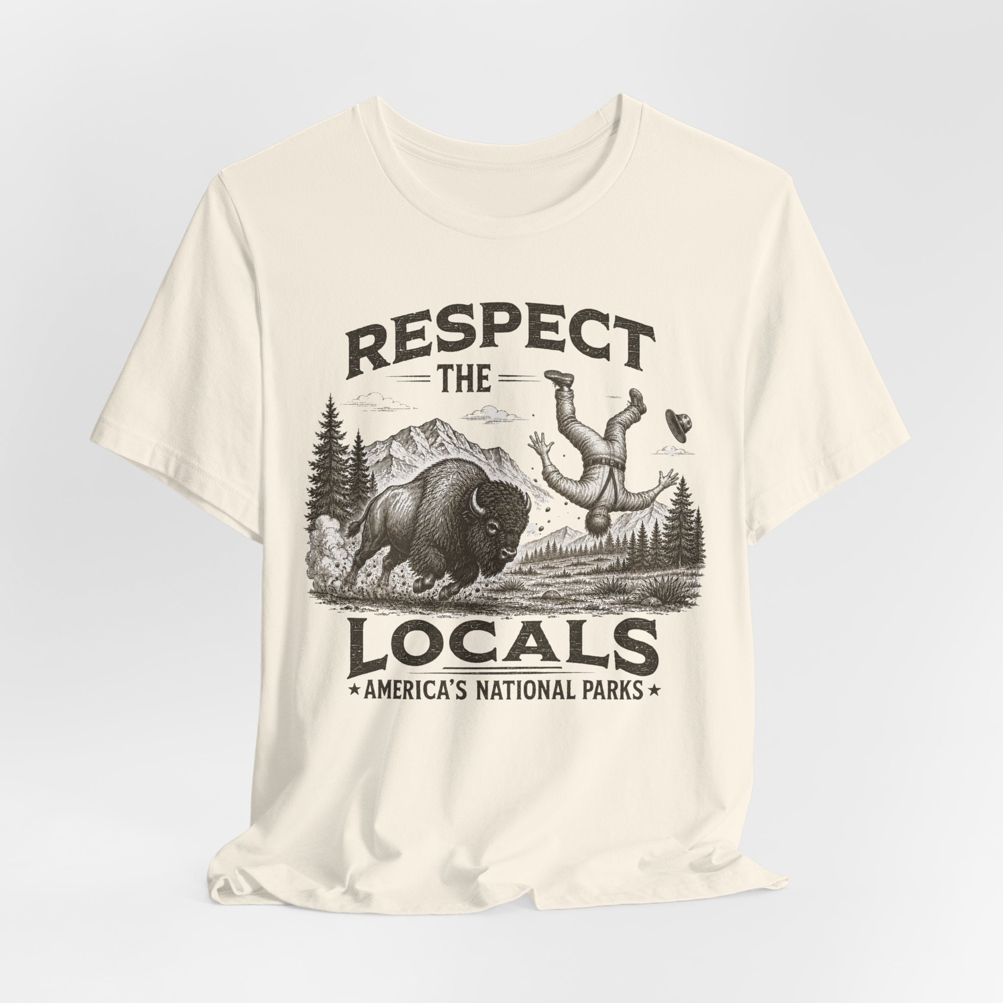 Respect The Locals Bison T-Shirt in Heather Peach - vintage bison national park tourist scene graphic tee, Barely Outdoorsy Bella Canvas