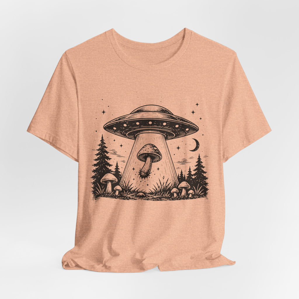 UFO Mushroom Abduction Tee in Mauve - funny alien UFO mushroom shirt, Barely Outdoorsy Bella Canvas 3001
