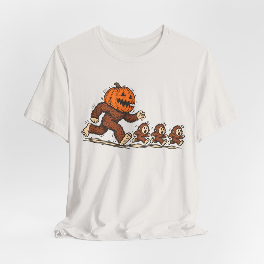 Pumpkin Head Bigfoot Halloween T-Shirt in Heather Green - funny pumpkin head Bigfoot Halloween graphic tee, Barely Outdoorsy Bella Canvas 3001