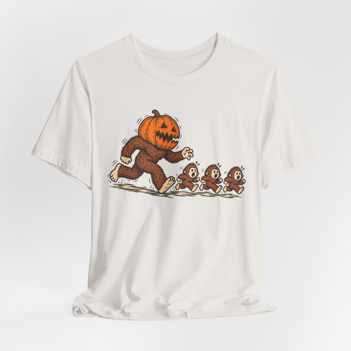 Pumpkin Head Bigfoot Halloween T-Shirt in Heather Green - funny pumpkin head Bigfoot Halloween graphic tee, Barely Outdoorsy Bella Canvas 3001
