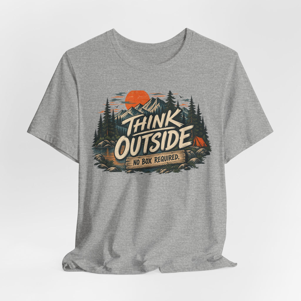 Think Outside No Box Required Tee in Athletic Heather - funny outdoor thinking humor shirt, Barely Outdoorsy