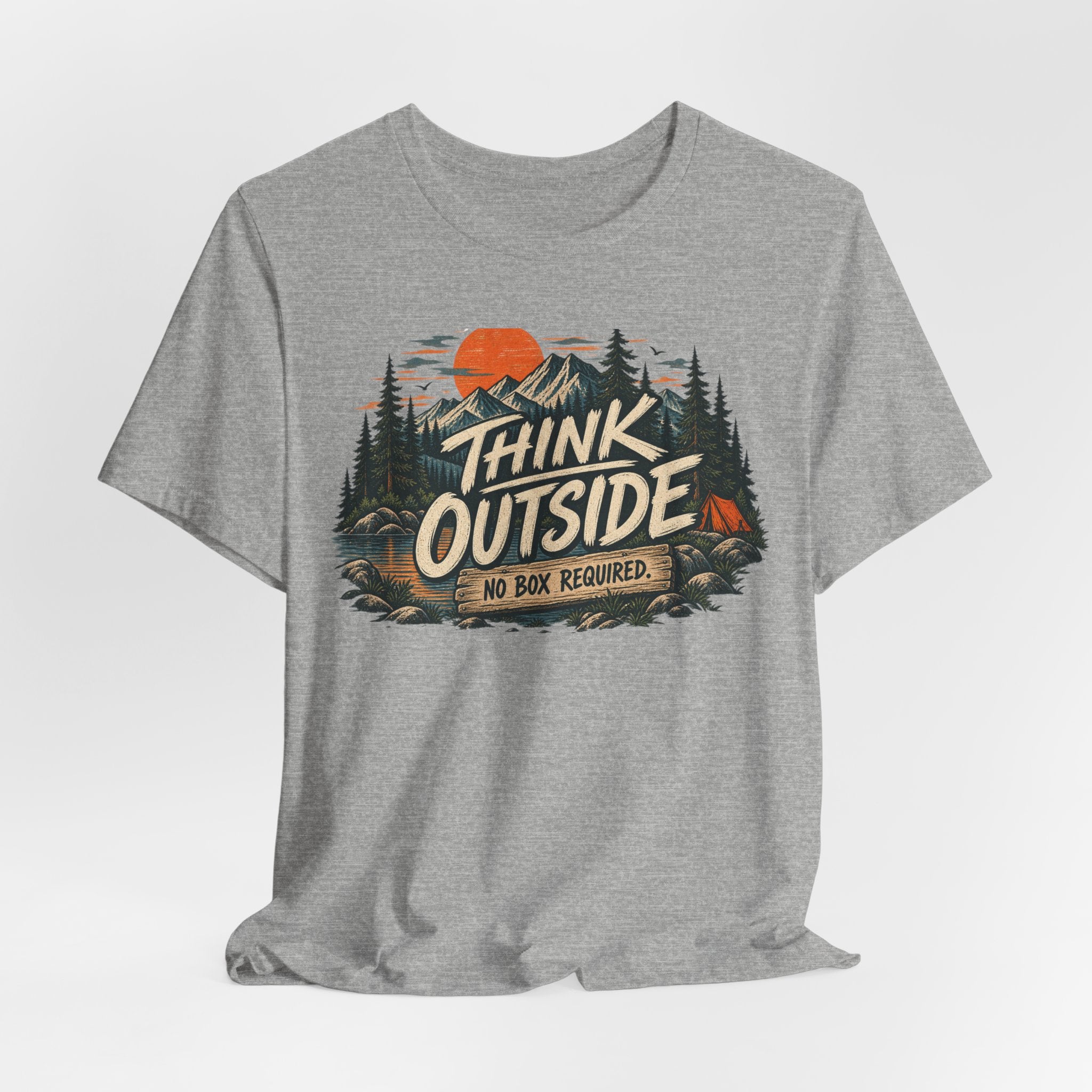 Think Outside No Box Required Tee in Athletic Heather - funny outdoor thinking humor shirt, Barely Outdoorsy
