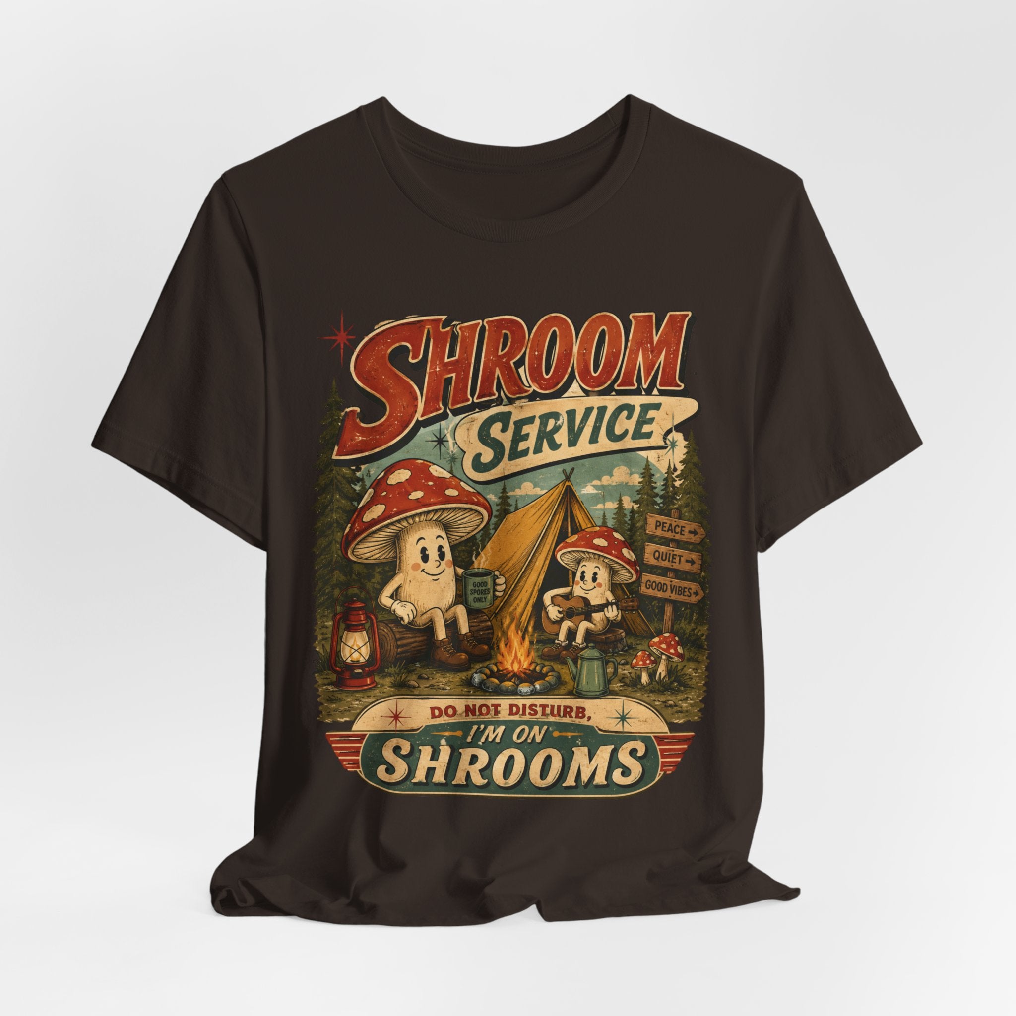 Shroom Service T-Shirt in Ash - retro cartoon mushroom campfire graphic tee, Barely Outdoorsy Bella Canvas