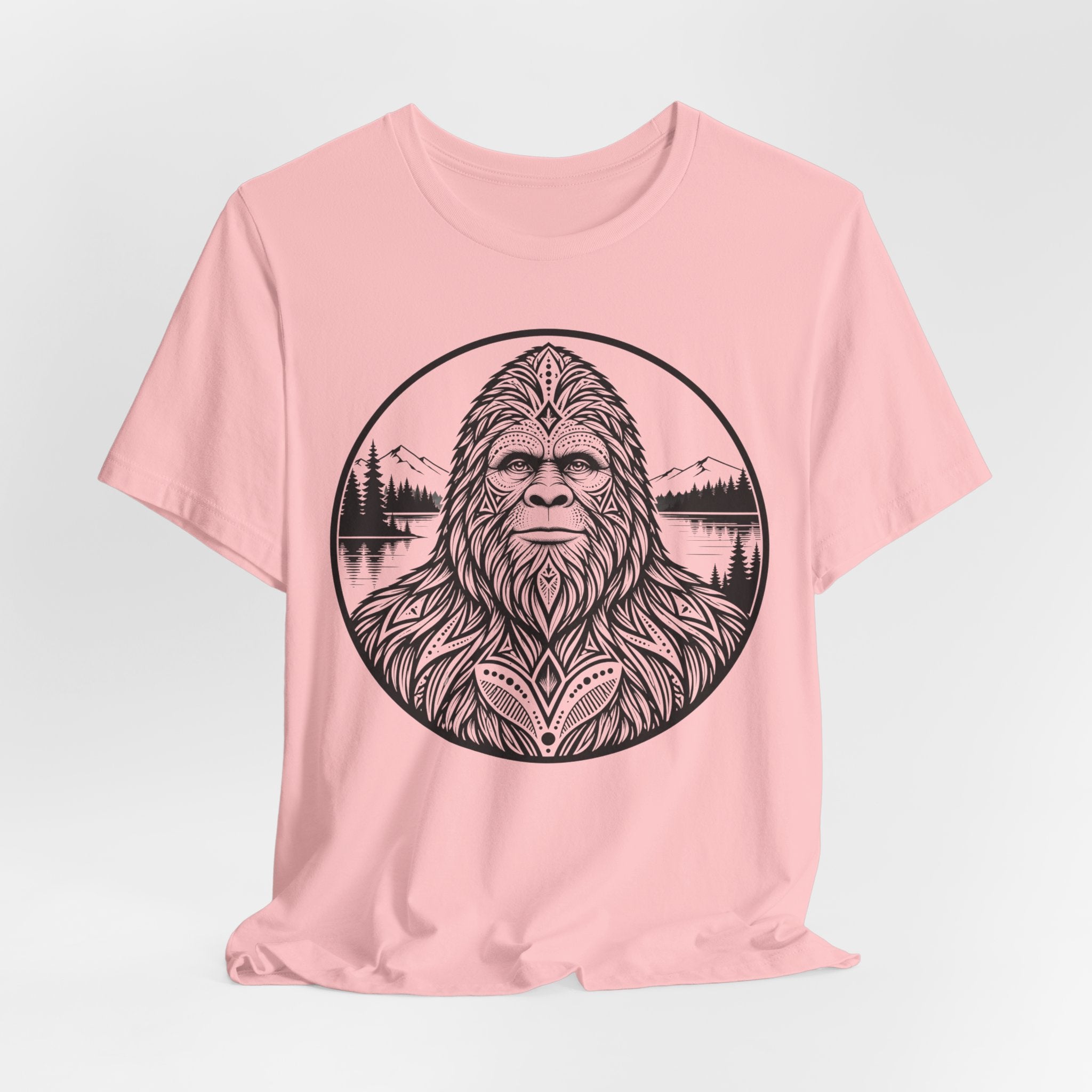 Bigfoot Sacred Geometry Portrait Tee in White worn shot - boho Bigfoot sacred geometry shirt, Barely Outdoorsy Bella Canvas