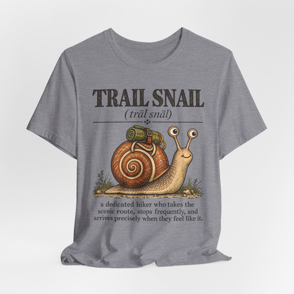 Trail Snail T-Shirt flat lay Heather Tan - unisex crew neck trail snail graphic tee, Barely Outdoorsy