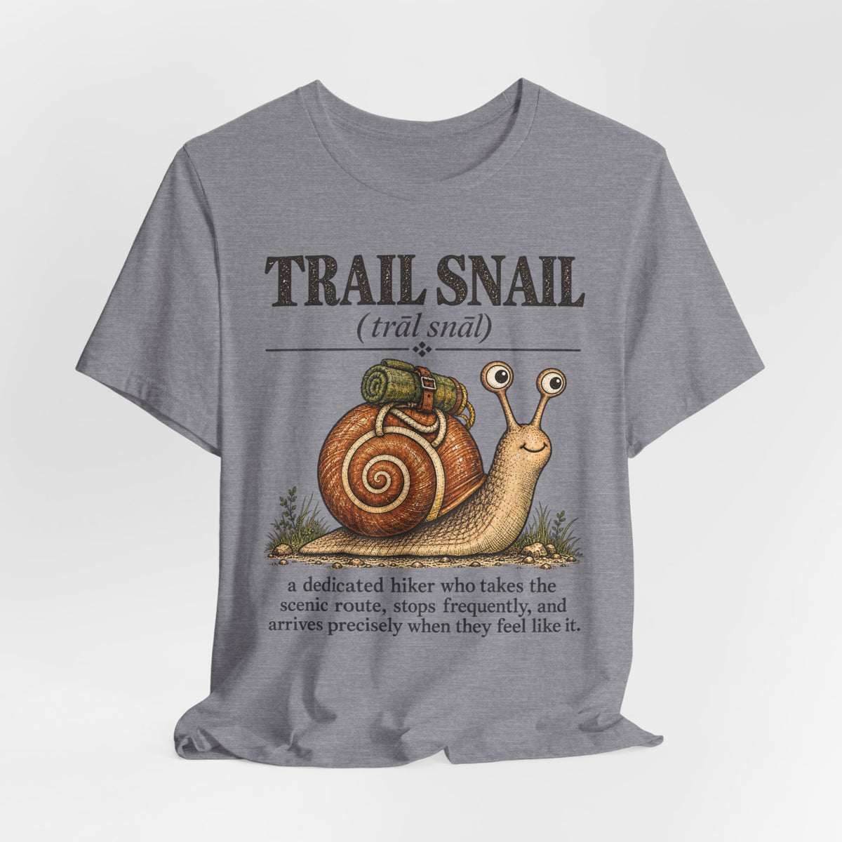 Trail Snail T-Shirt flat lay Heather Tan - unisex crew neck trail snail graphic tee, Barely Outdoorsy