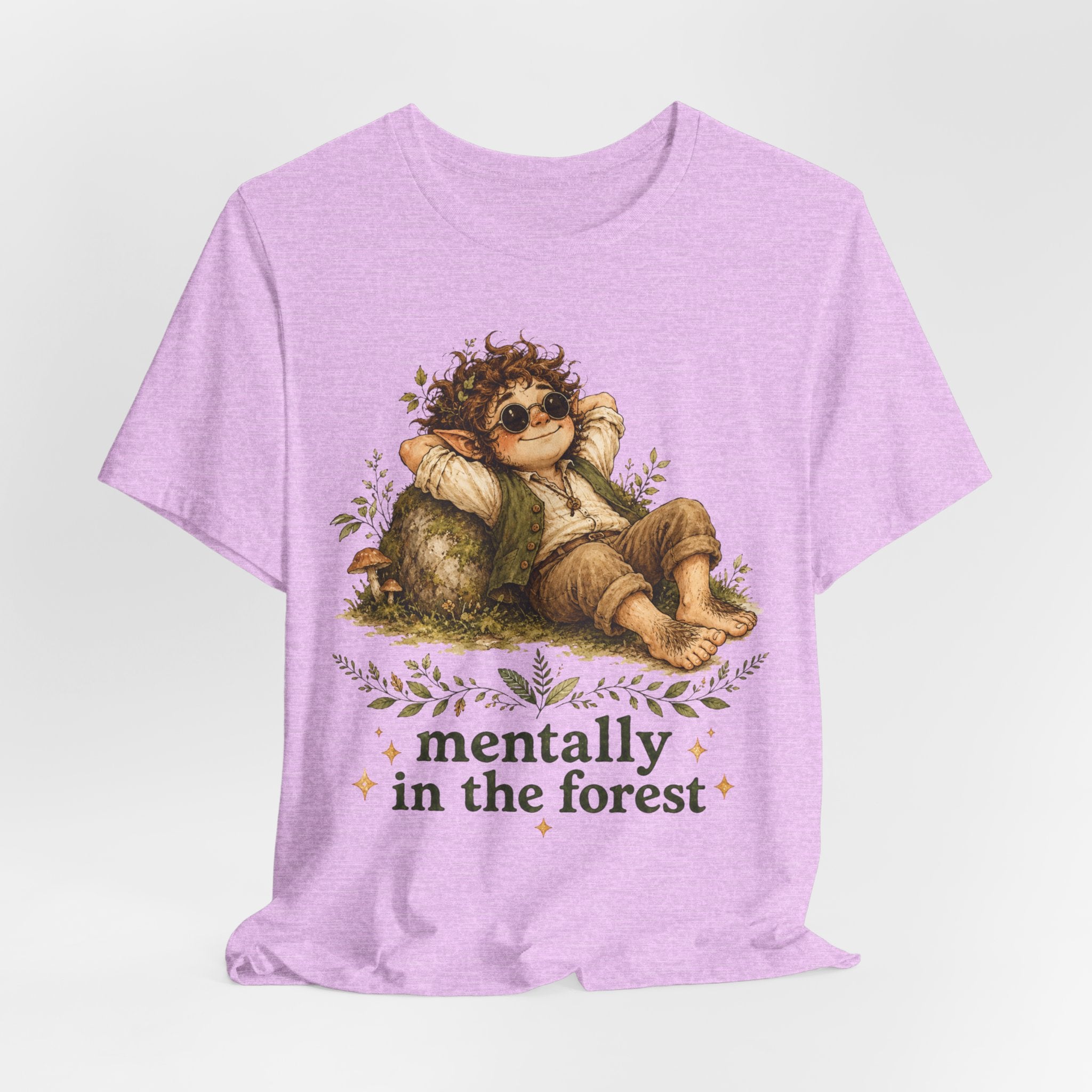 Mentally In The Forest Tee in Heather Prism Lilac - cottagecore forest folk mushroom humor shirt, Barely Outdoorsy Bella Canvas