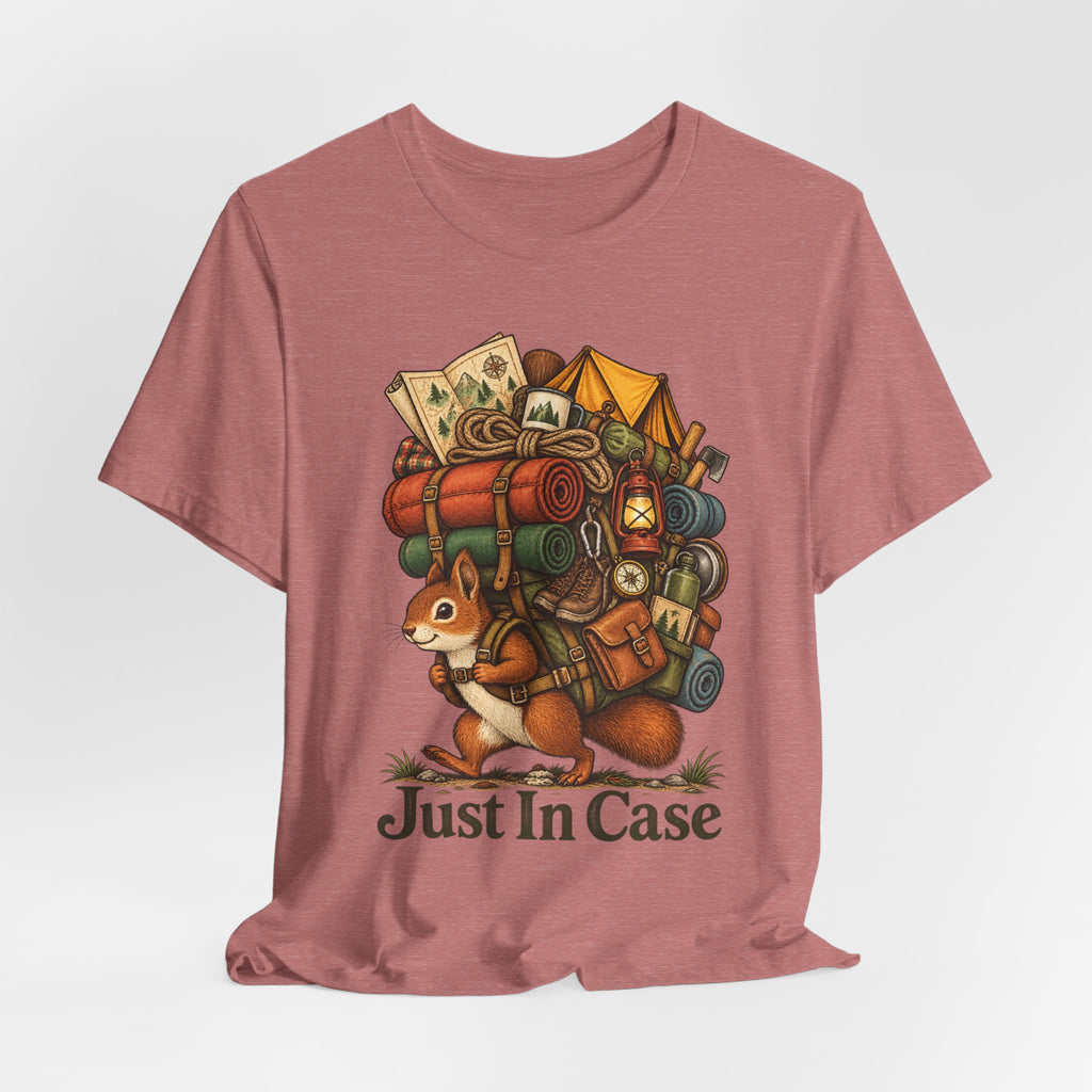 Just In Case Overpacked Squirrel Tee flat lay Heather Tan - unisex crew neck squirrel hiking graphic tee, Barely Outdoorsy